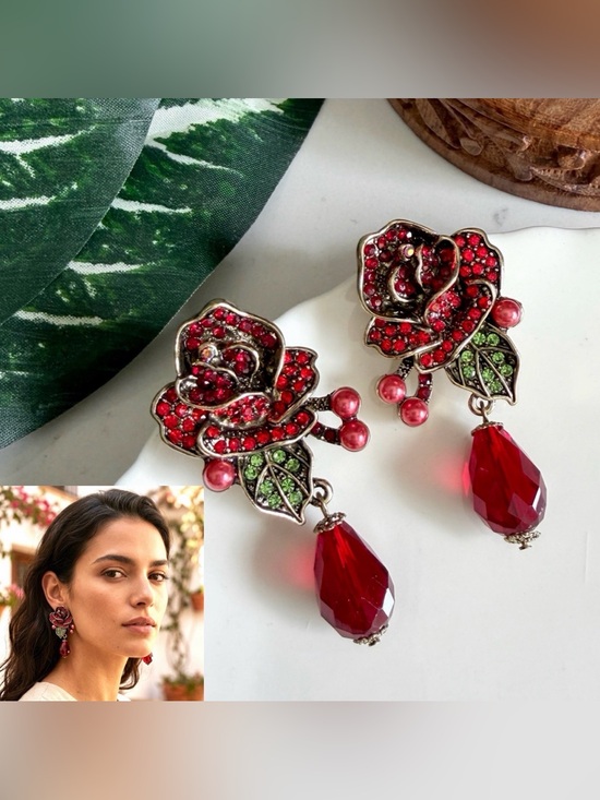Jewelry - Red Rose Earrings Vintage Style Flower Rhinestone Bead Flamenco Jewelry Gift NEW